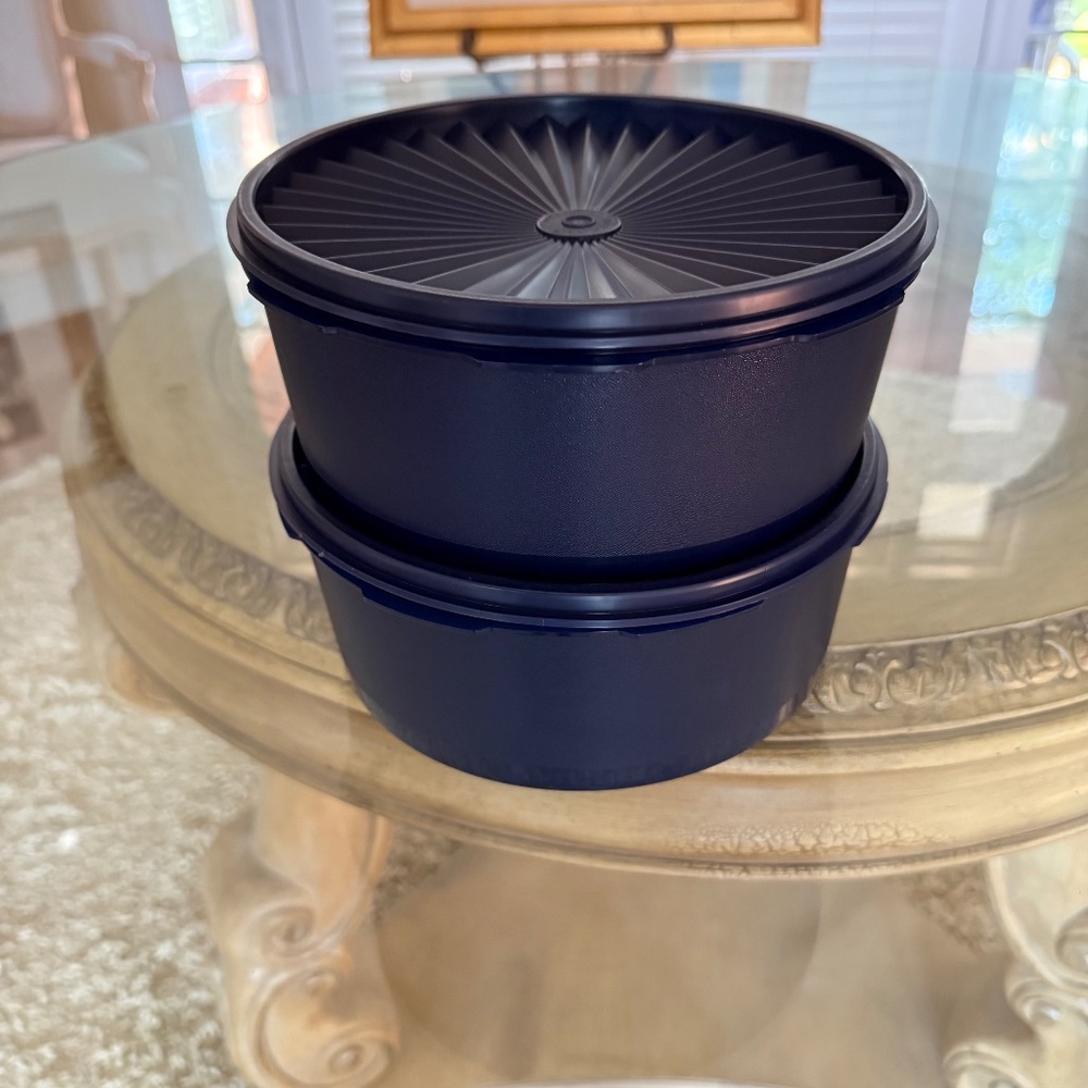 New Tupperware Servalier Stacking Canisters and Lids 7.5 Cup Navy Blue Set of 2
